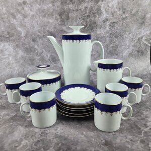 VTG Medaillon RENNER Espresso Set Porcelain Blue White Gold Porto Alegre 16 Pc